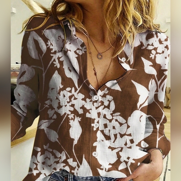 Tops - Printed Turn-Down Collar Casual Loose Fit Skin-Friendly Long Sleeve Linen Women'